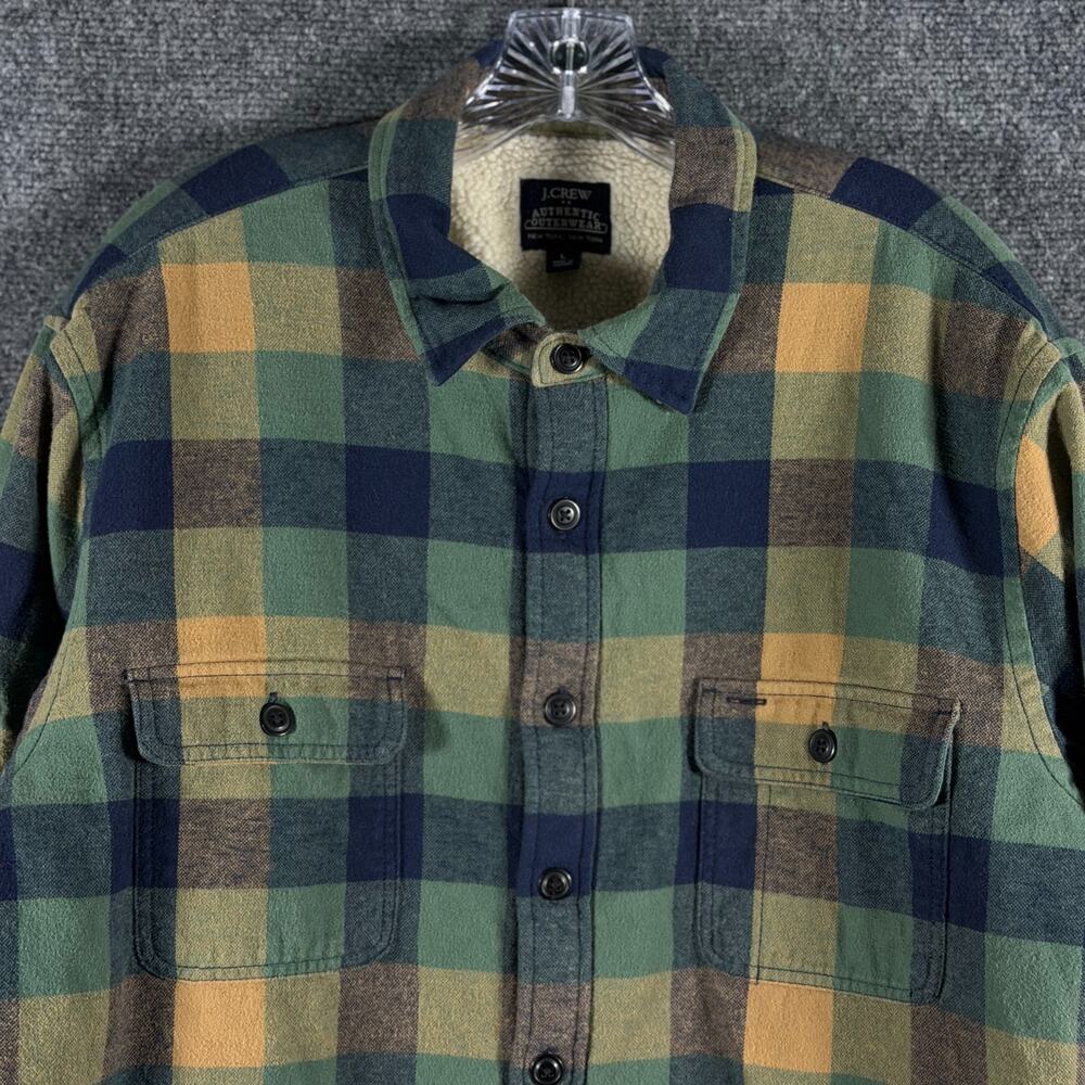 J.Crew BI933 Sherpa Lined Flannel Shirt Jacket Mens L Green Plaid Shacket - Picture 2 of 13